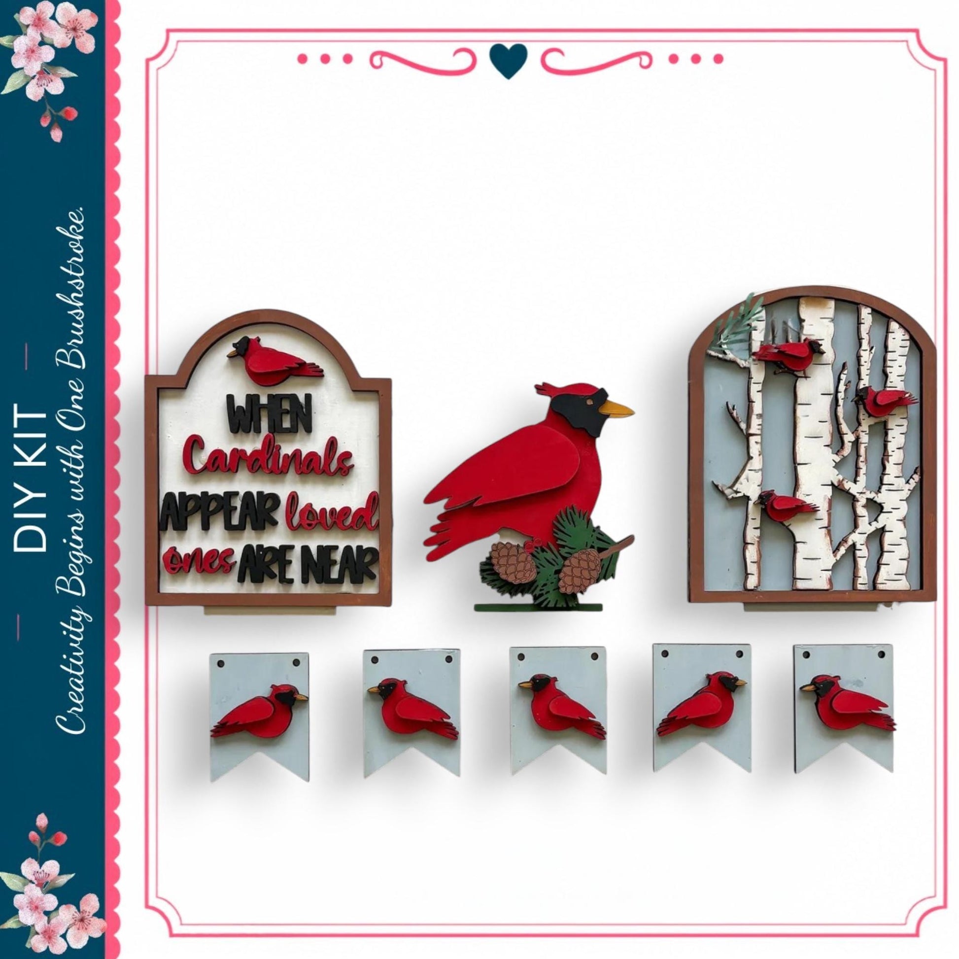 various bird-themed decorations, including a sign that says "When Cardinals Appear Loved Ones Are Near", a wooden bird figure, and several small bird cutouts. The decorations are arranged in a visually appealing manner, showcasing the creativity and craftsmanship involved in their design.
