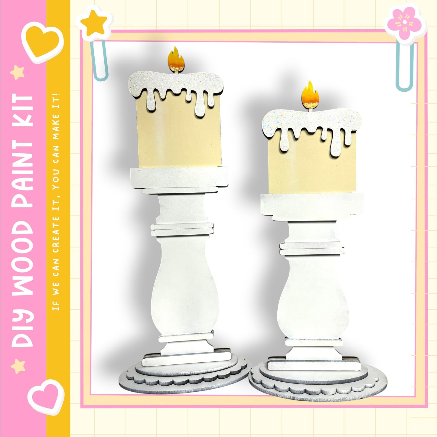 two white candle holders with candles on top, set against a pink and yellow background.