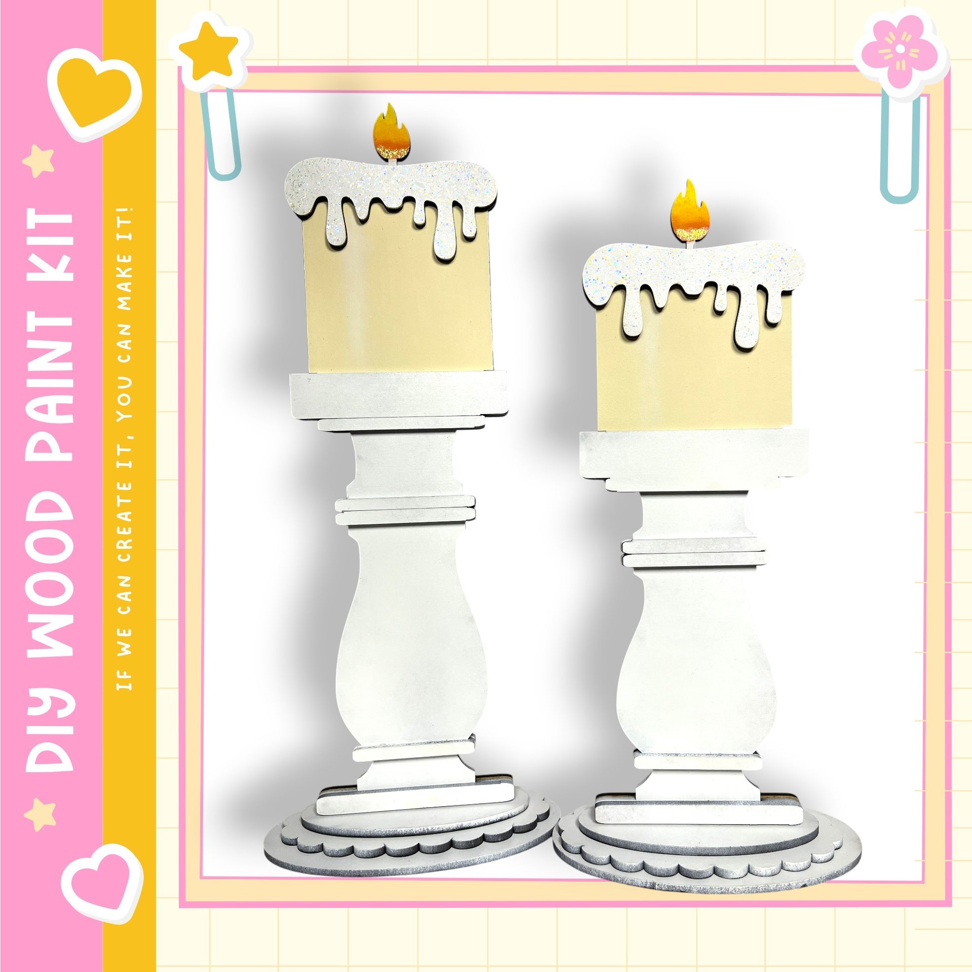 two white candle holders with candles on top, set against a pink and yellow background.
