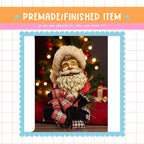 a close-up of a Santa Claus figurine, with a blurred background of a Christmas tree and other holiday decorations.