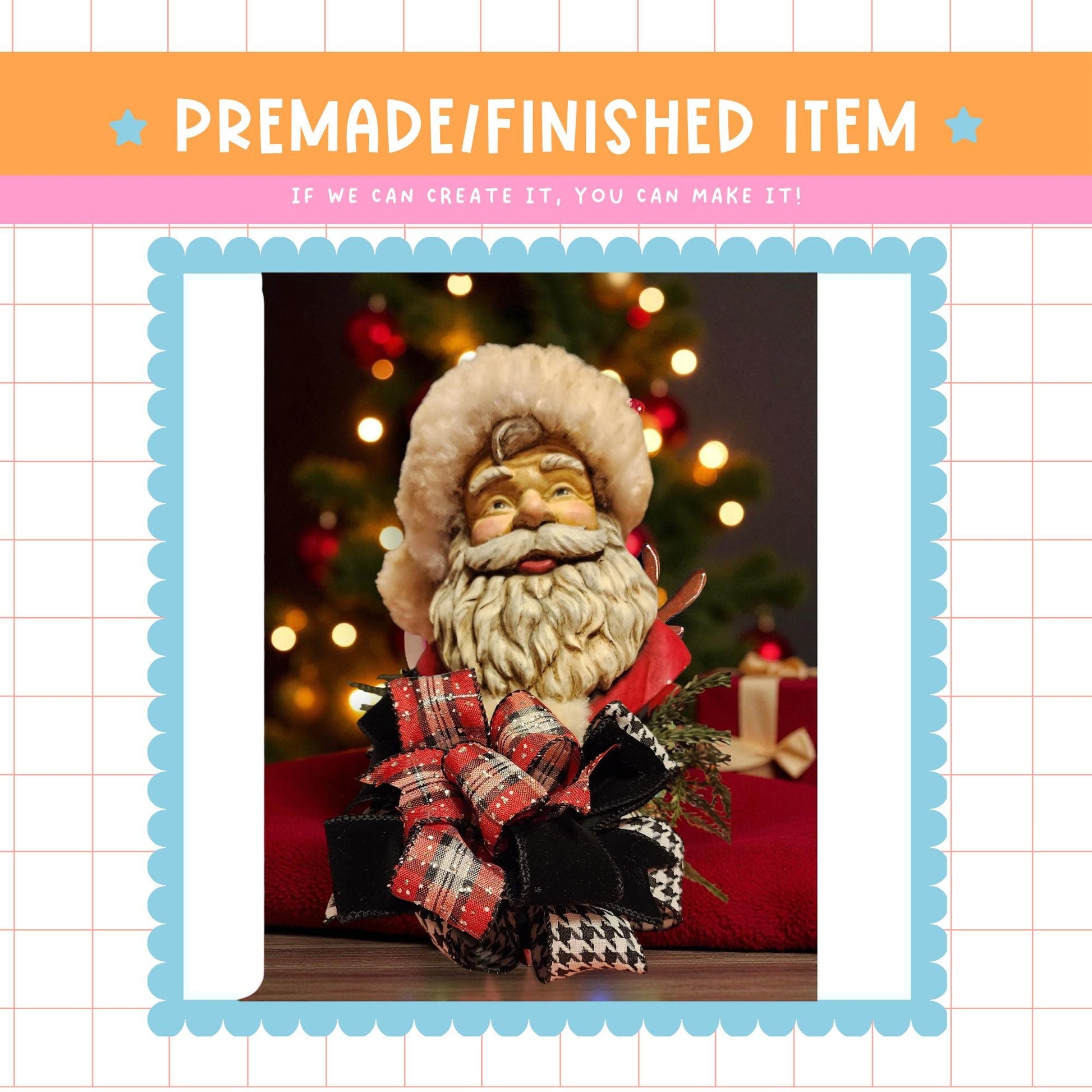 a close-up of a Santa Claus figurine, with a blurred background of a Christmas tree and other holiday decorations.