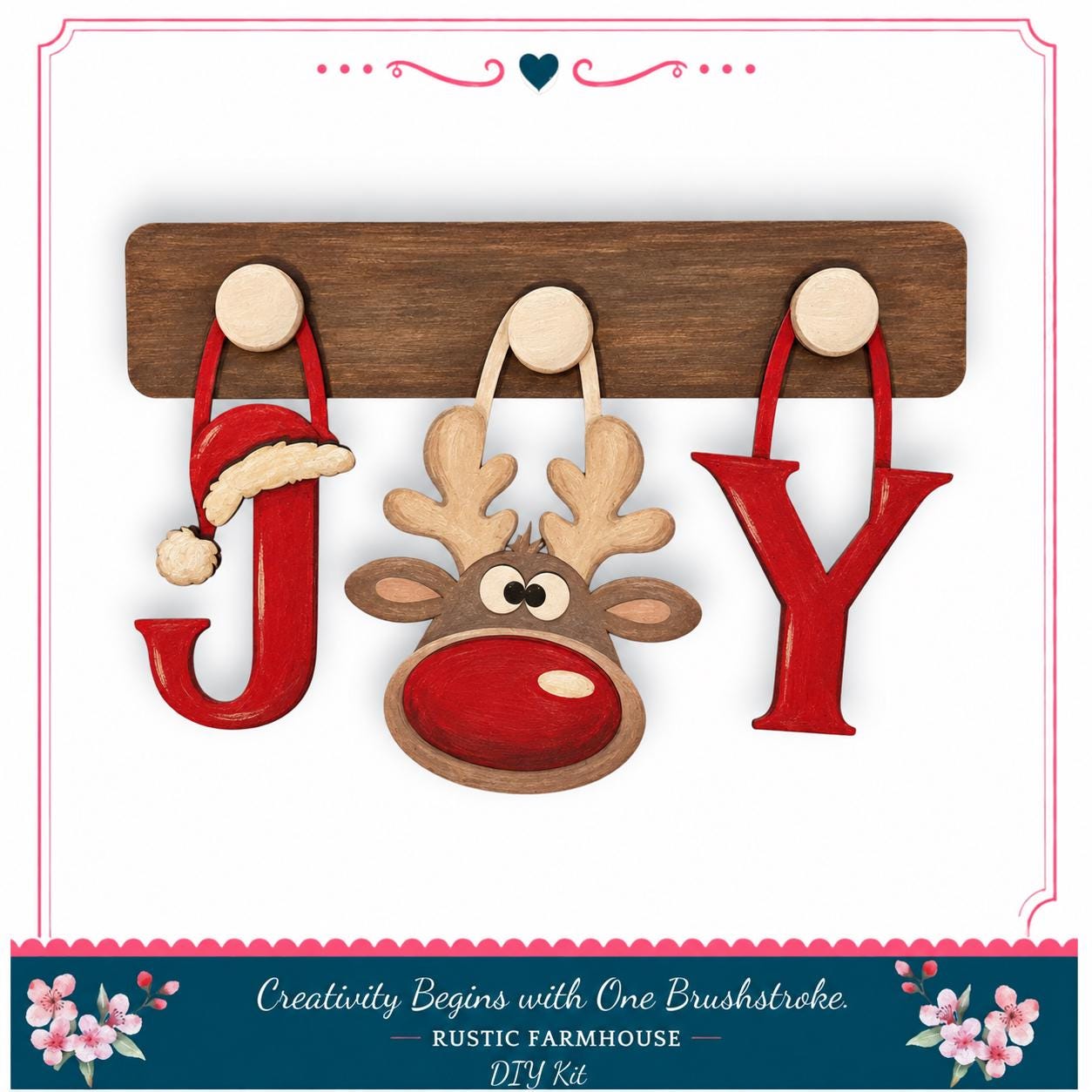 A wooden shelf with three wooden letters hanging from it, each letter made to look like a reindeer's head.