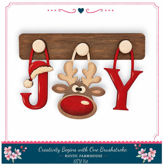 A wooden shelf with three wooden letters hanging from it, each letter made to look like a reindeer's head.