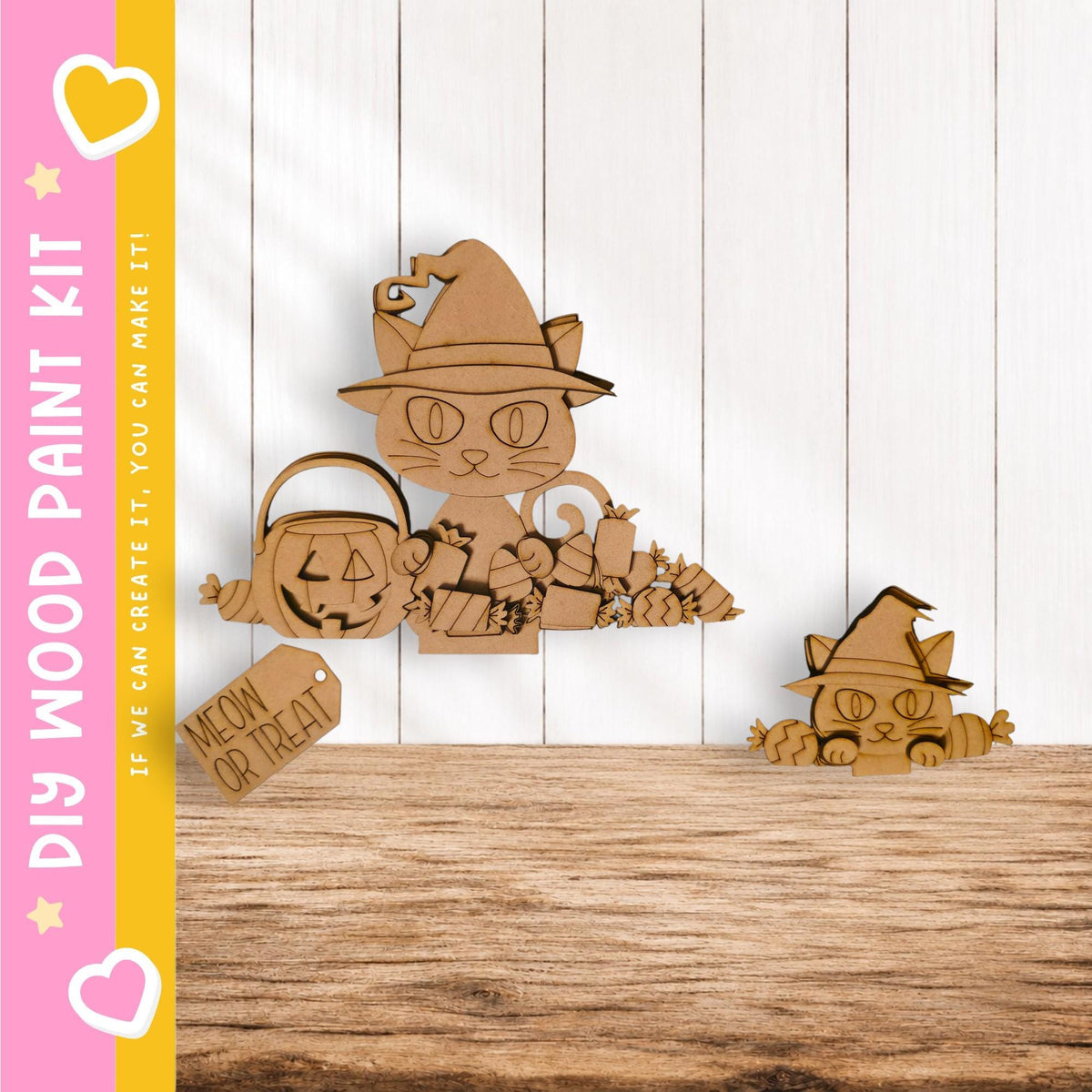 A wooden Halloween-themed wall decoration kit featuring a cat wearing a witch's hat and holding a carved pumpkin, along with a smaller cat wearing a witch's hat and holding a carved pumpkin.