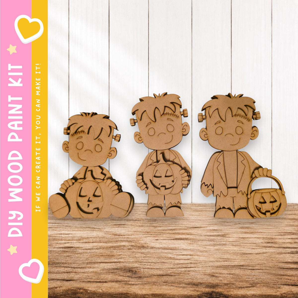 A wooden paint kit featuring three cartoon-like figures, including a pumpkin and a character with a pumpkin-shaped head.