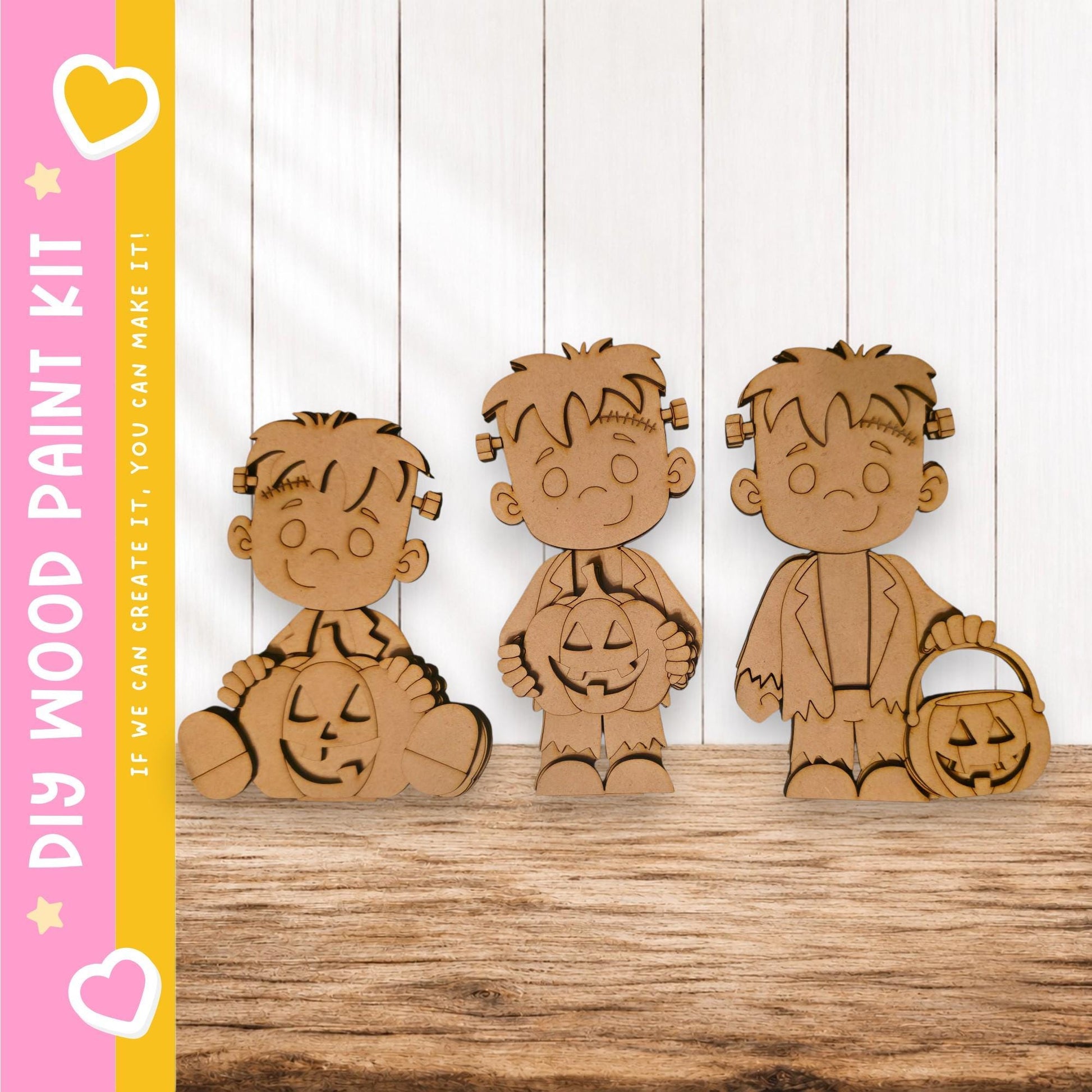 A wooden paint kit featuring three cartoon-like figures, including a pumpkin and a character with a pumpkin-shaped head.