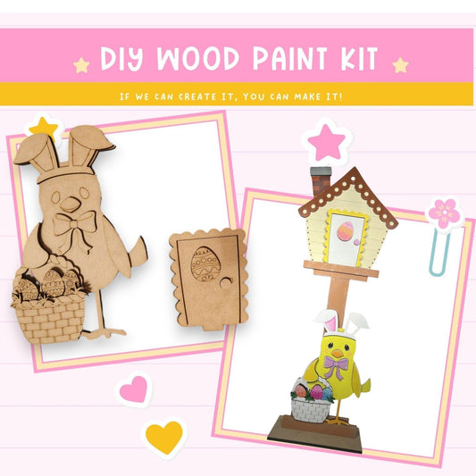 a wooden craft kit with a picture of a bunny and a bird