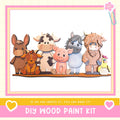 A group of five wooden animal figurines, including a cow, pig, horse, cow, and chicken, standing together in a frame.