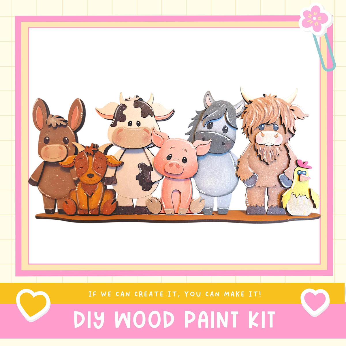 A group of five wooden animal figurines, including a cow, pig, horse, cow, and chicken, standing together in a frame.
