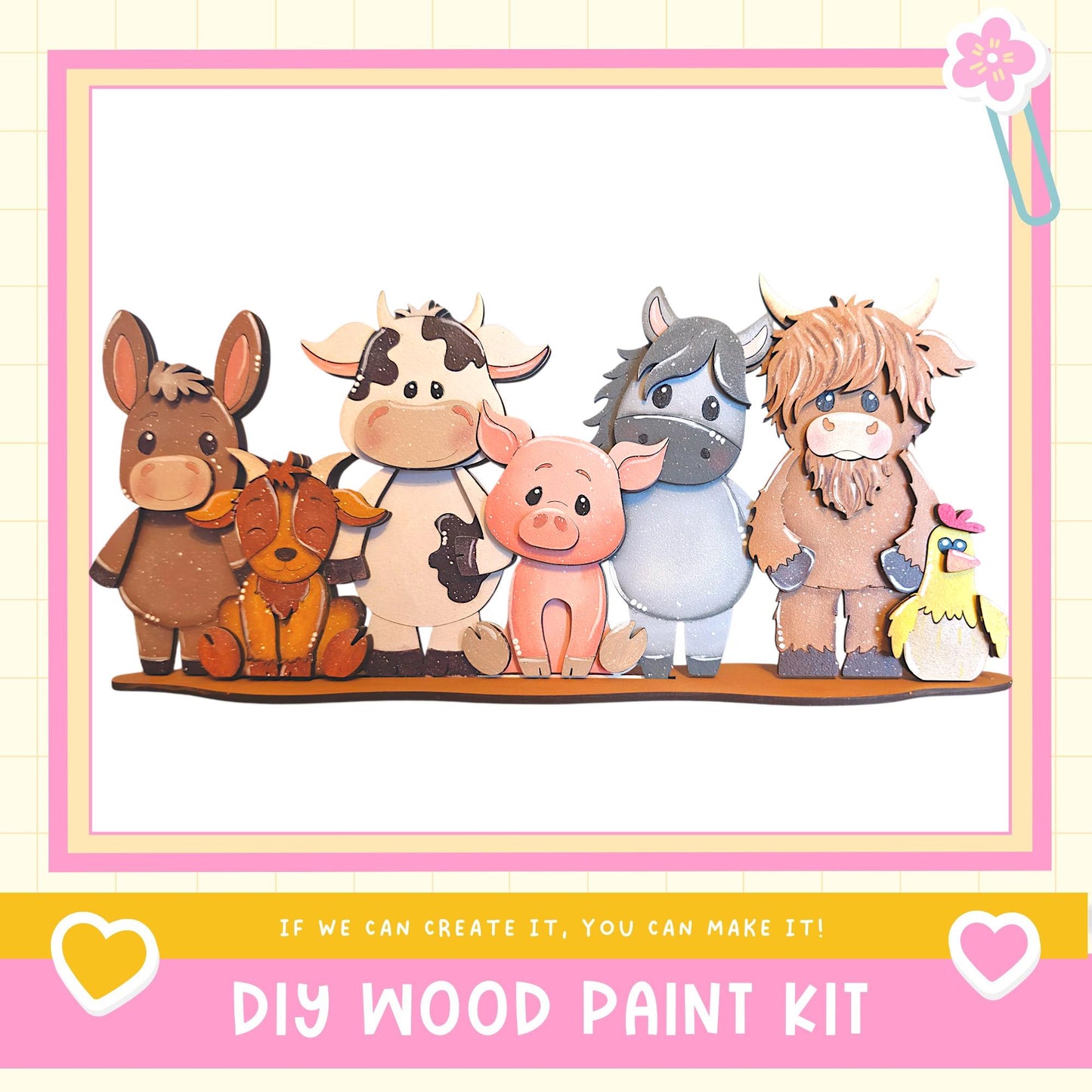 A group of five wooden animal figurines, including a cow, pig, horse, cow, and chicken, standing together in a frame.