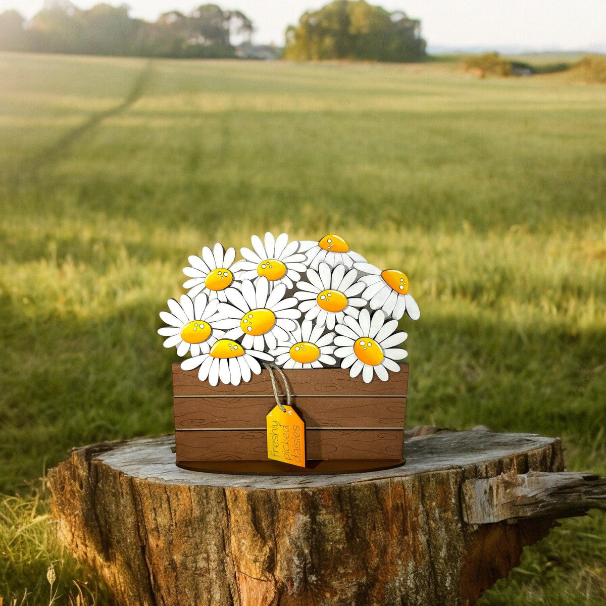 a wooden box with a bunch of daisies in it