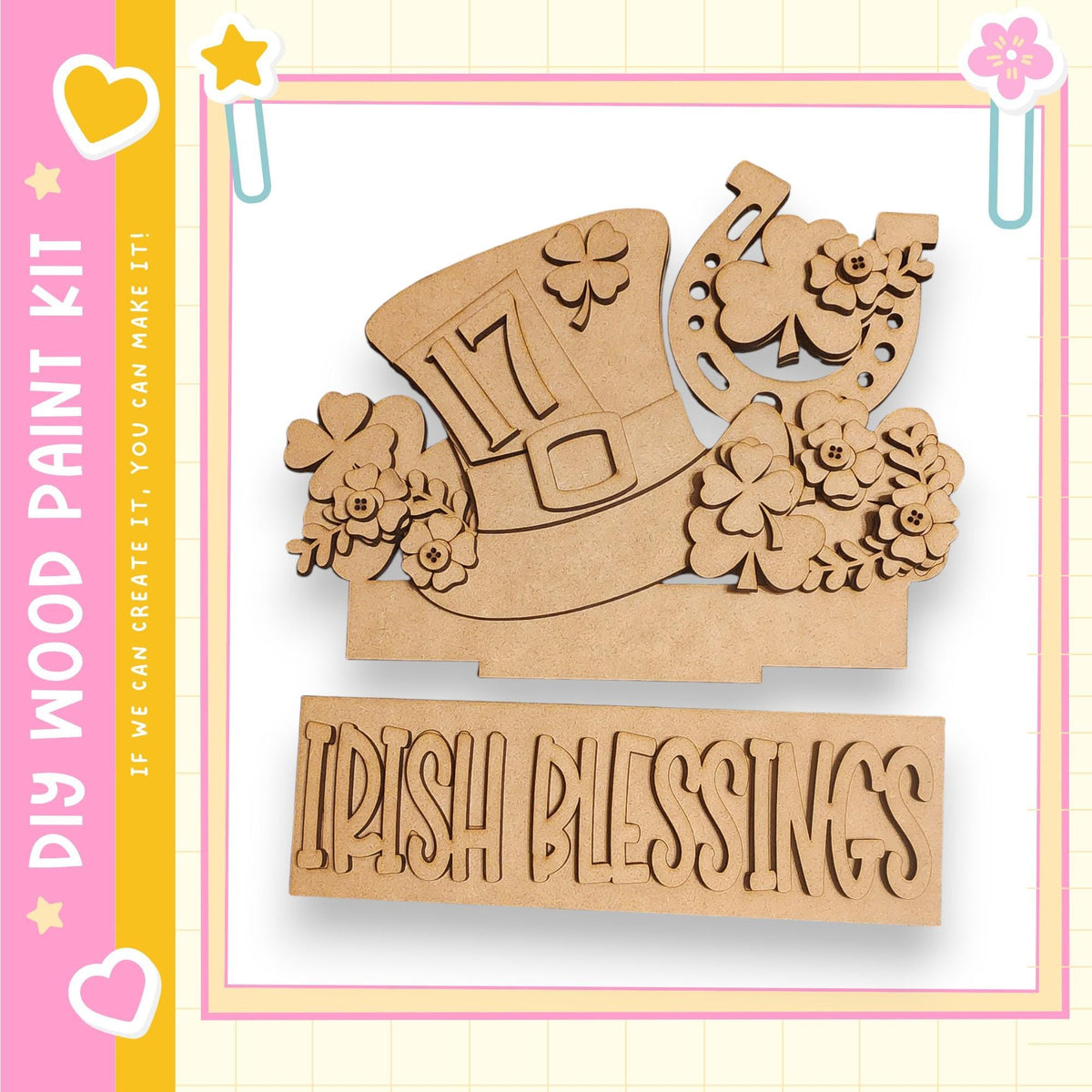 a wooden cutout of a hat with Irish blessings, surrounded by flowers and a banner that says "Irish Blessings".