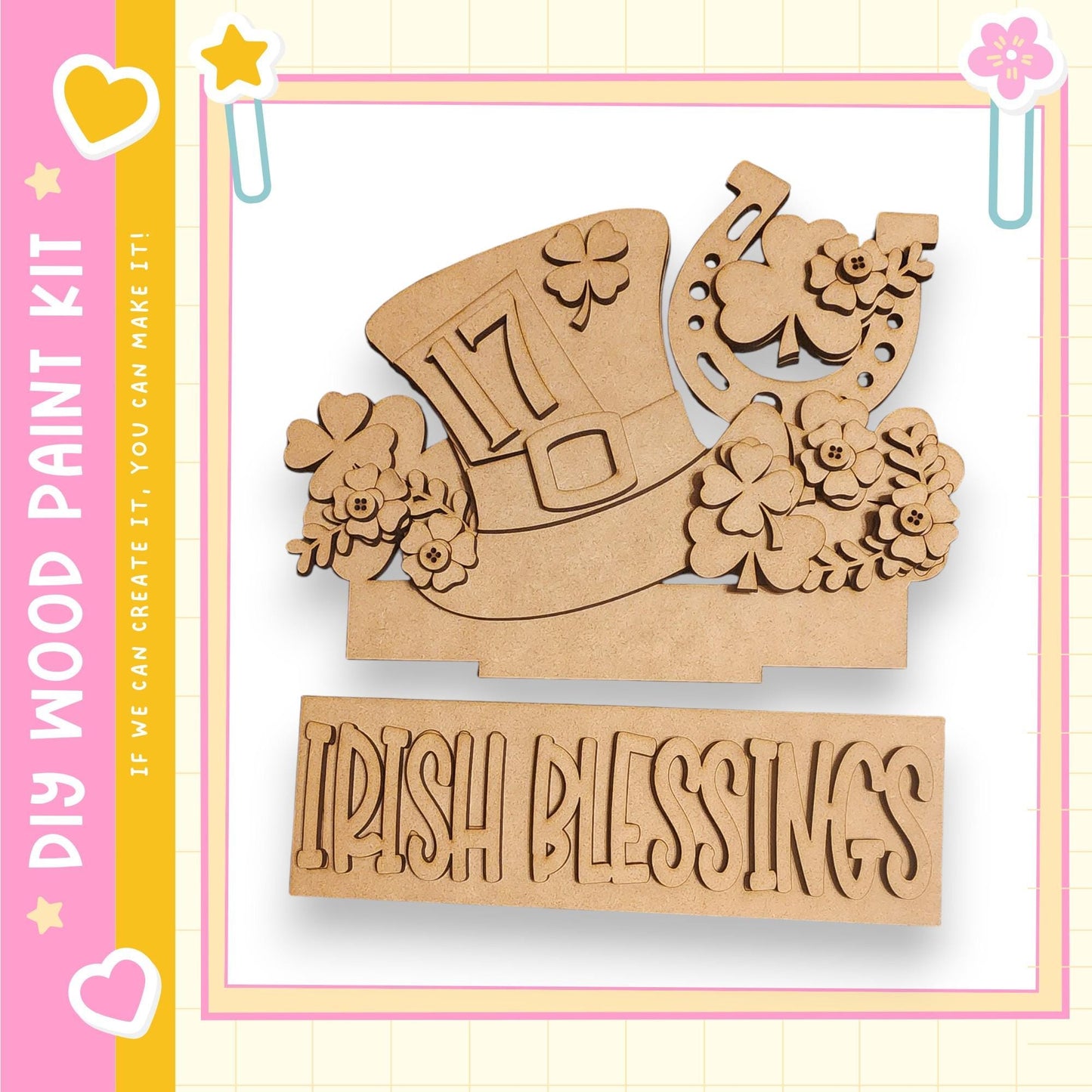 a wooden cutout of a hat with Irish blessings, surrounded by flowers and a banner that says "Irish Blessings".