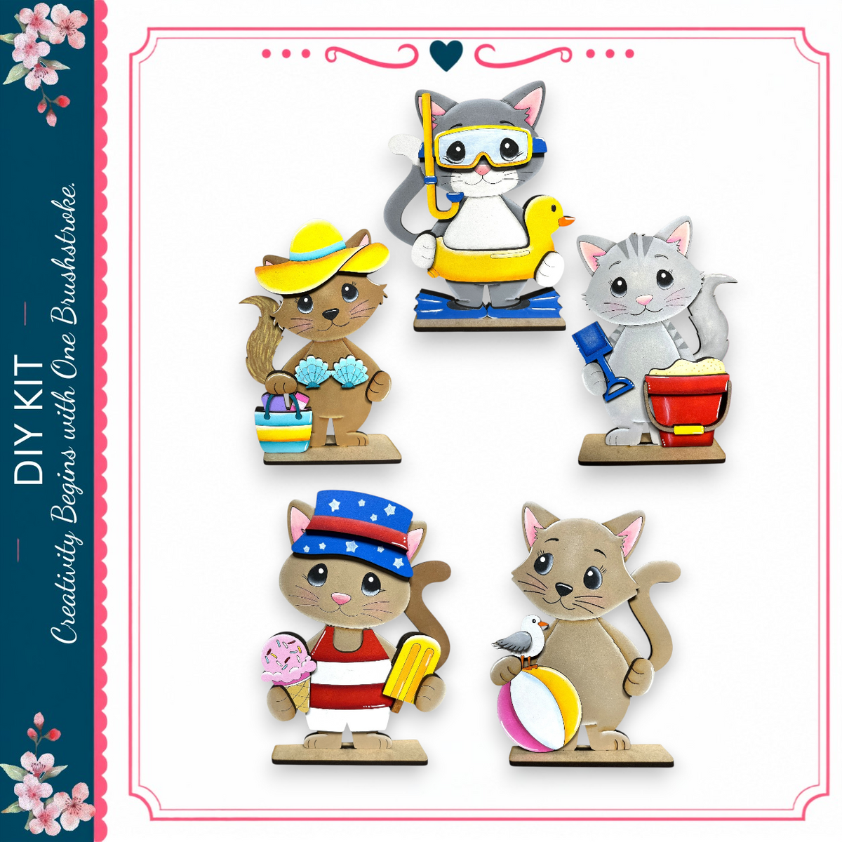 a collection of five cute cat figurines, each wearing different outfits and accessories, including a yellow hat, a blue and white striped hat, a red bucket, a blue shovel, and a pink and white striped hat.