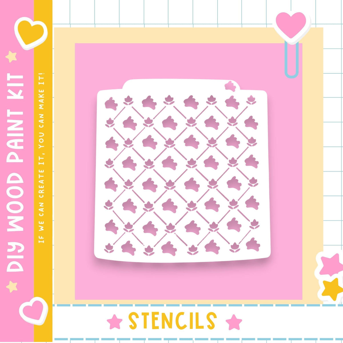 a white stencil with a repeating pattern of pink flowers against a pink background.