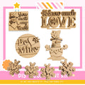 various wooden snowflake ornaments, including a snowman and a snowflake design, along with a sign that says "You melt my heart".