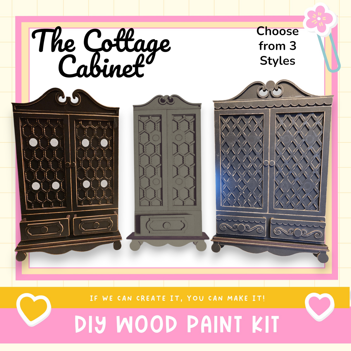 three cabinet designs, each with a unique pattern and style, presented in a DIY wood paint kit.