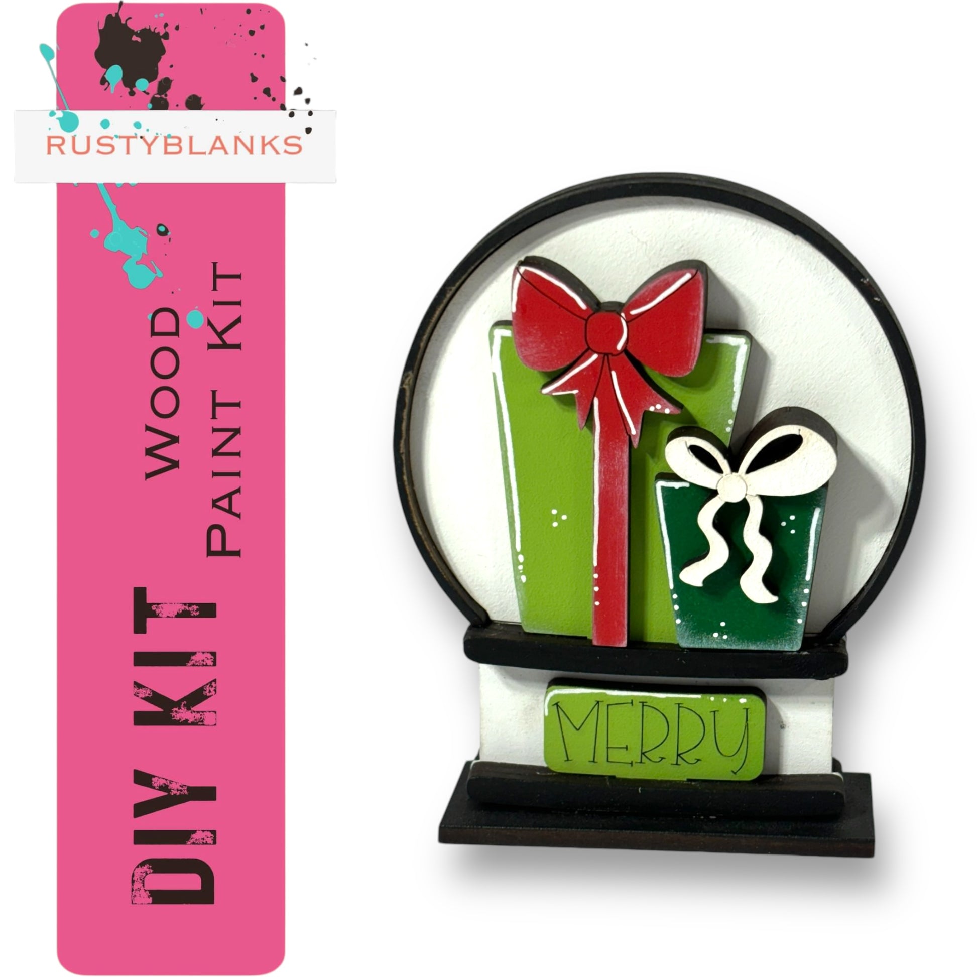 a DIY kit for creating a wooden paint kit, which includes a wooden snow globe and a green gift box with a bow.