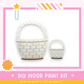 a DIY wood paint kit, with two baskets painted in a colorful, striped pattern. The text below the image encourages viewers to "If we can create it, you can make it!"