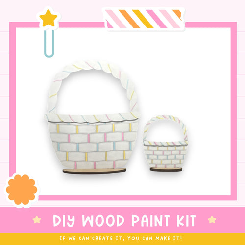 a DIY wood paint kit, with two baskets painted in a colorful, striped pattern. The text below the image encourages viewers to "If we can create it, you can make it!"