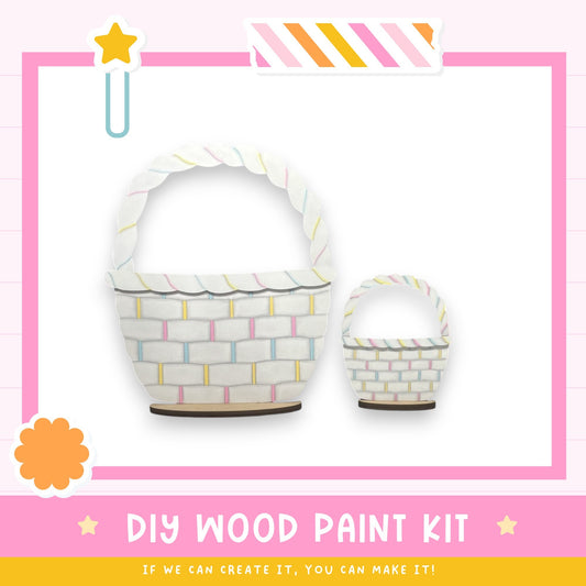 a DIY wood paint kit, with two baskets painted in a colorful, striped pattern. The text below the image encourages viewers to "If we can create it, you can make it!"