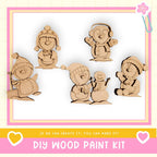 The image is a collage of five wooden snowman and penguin figures, each with unique features and accessories, arranged in a playful and whimsical manner.