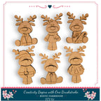 six wooden reindeer figures, each with unique clothing and accessories, arranged in a grid-like pattern.