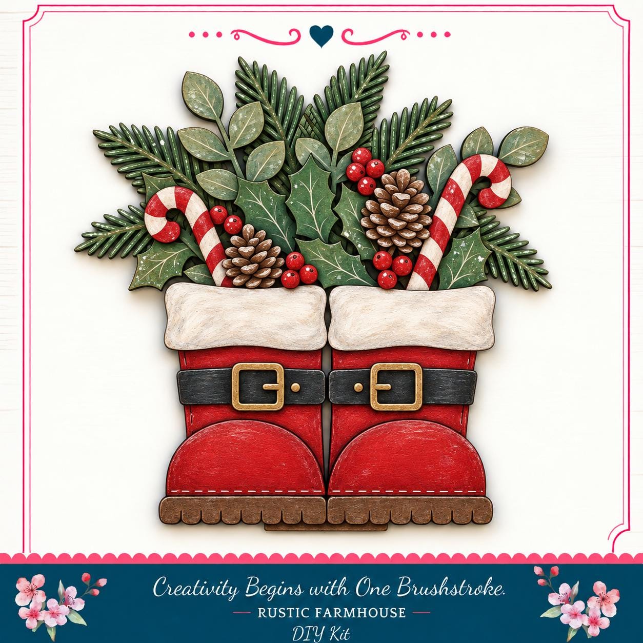 A pair of red Santa boots with white trim and gold buckles, decorated with pine cones, berries, and candy canes, arranged in a festive holiday display.
