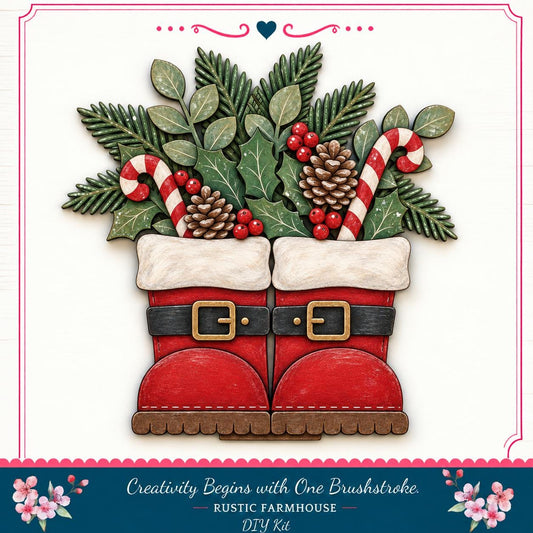 A pair of red Santa boots with white trim and gold buckles, decorated with pine cones, berries, and candy canes, arranged in a festive holiday display.