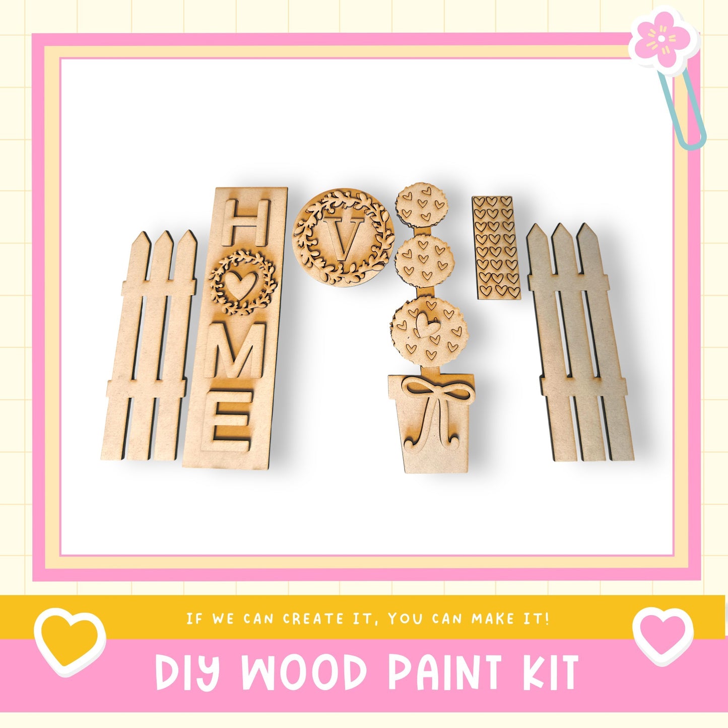 a DIY wood paint kit with various wooden shapes and designs, including a heart-shaped piece, a wreath-shaped piece, and a heart-shaped piece. The kit appears to be made of wood and is displayed against a white background.
