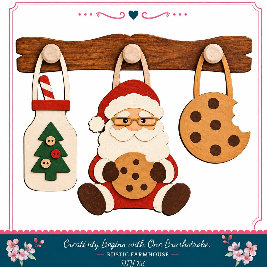 A wooden shelf with three wooden ornaments hanging on it, including a Christmas tree ornament, a cookie-shaped ornament, and a cookie-shaped ornament. Santa Claus is depicted holding a cookie in his hand.