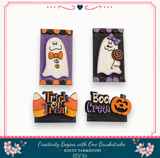 The image is a DIY kit featuring Halloween-themed decorations, including a purple ghost, a black and purple ghost, a "Trick of Treat" sign, and a "Boo Crew" sign. The kit is designed to spark creativity with one brushstroke.