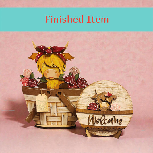 a wooden basket with a cow figurine inside, and a wooden sign with the word "Welcome" on it.