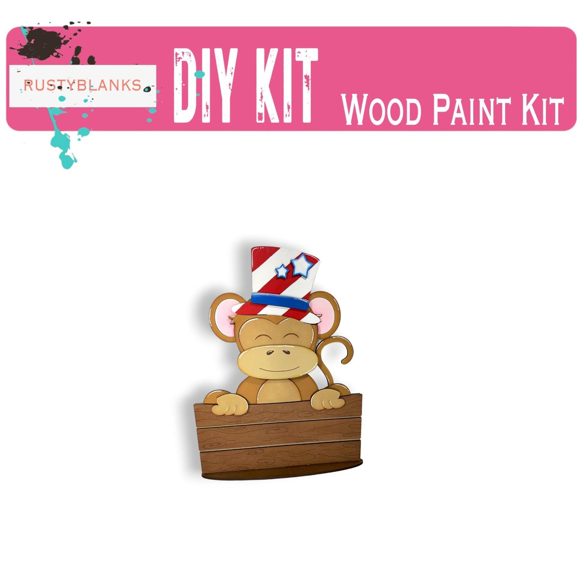 a picture of a wooden paint kit with a monkey