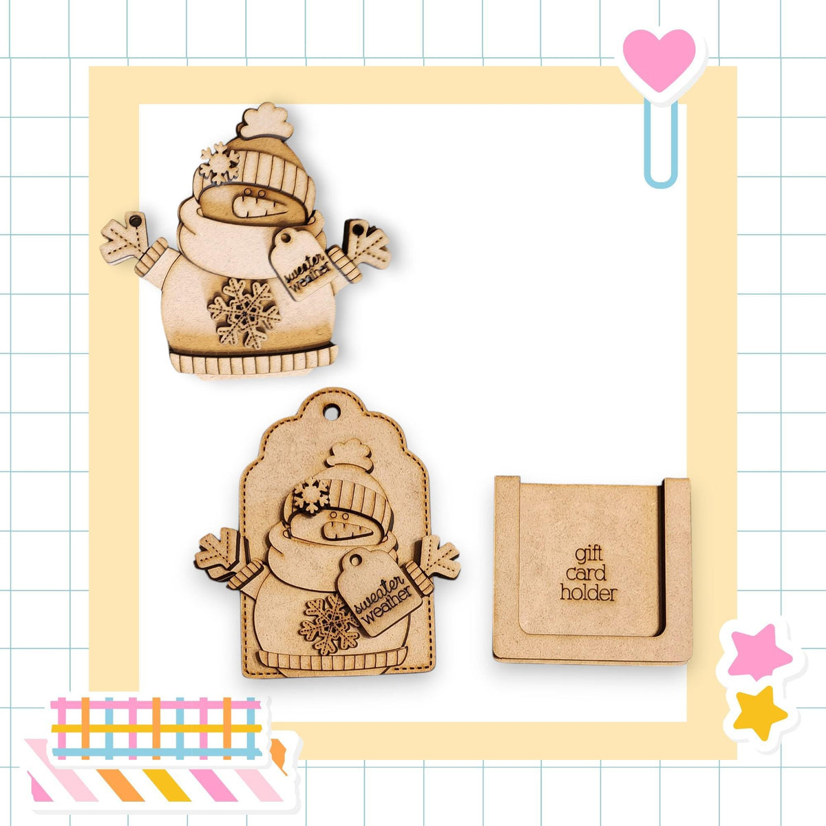 three wooden ornaments, including a snowman and two gift card holders, all set against a yellow and white checkered background.