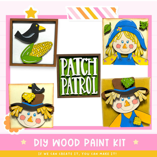 The image is a collage of four wooden paint kit pieces, each depicting a different character, including a bird, a girl, a scarecrow, and a frog. The collage is framed by a pink border and includes text that reads "DIY WOOD PAINT KIT" and "IF WE CAN CREATE IT, YOU CAN MAKE IT!"