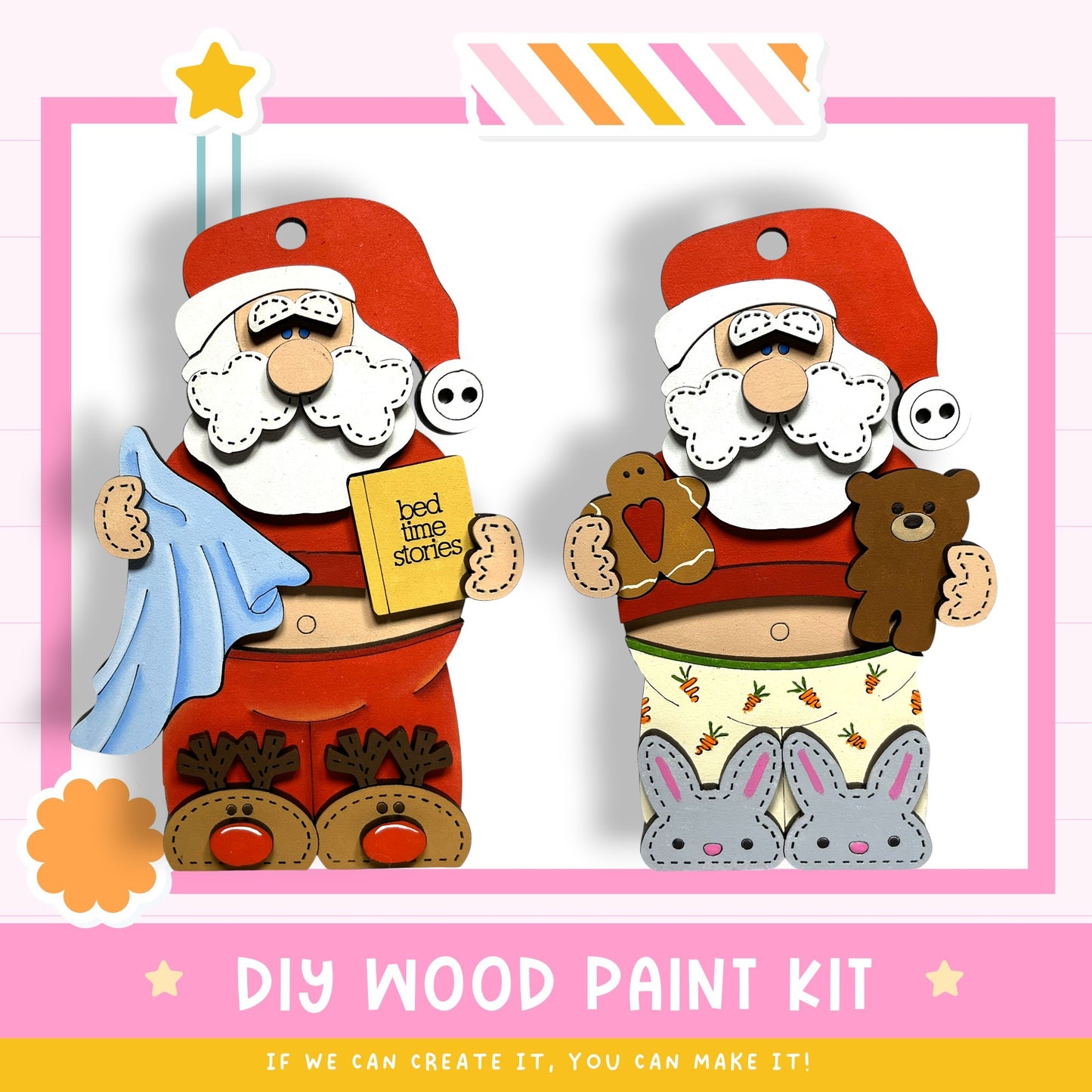 two wooden Santa Claus figures, one holding a book titled "bedtime stories" and the other holding a teddy bear, set against a pink and white background.