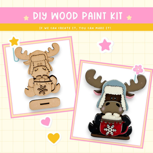 a wooden craft kit with a moose and a reindeer