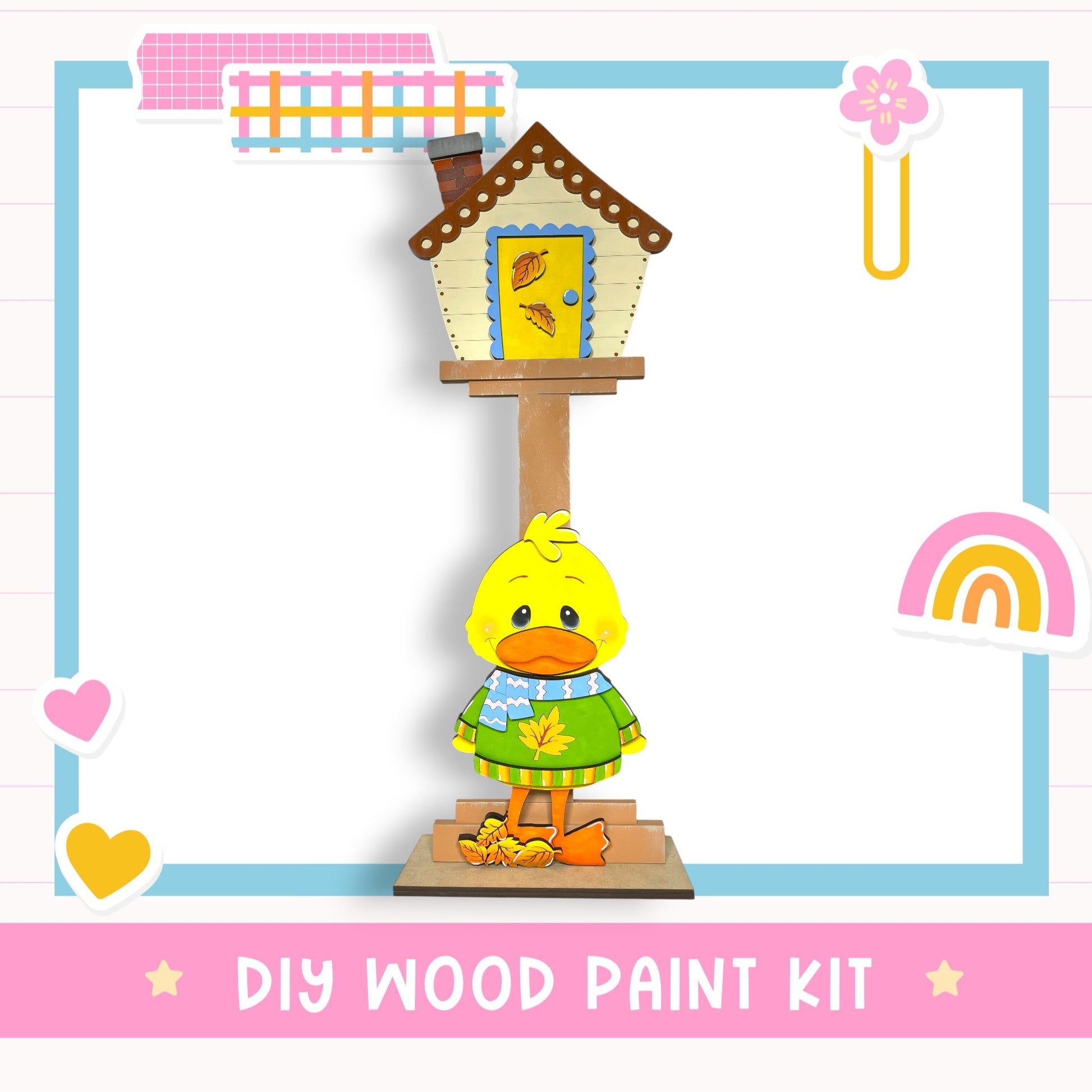 a DIY wood paint kit for creating a wooden house, with a cute yellow duck standing on a wooden platform in the center.