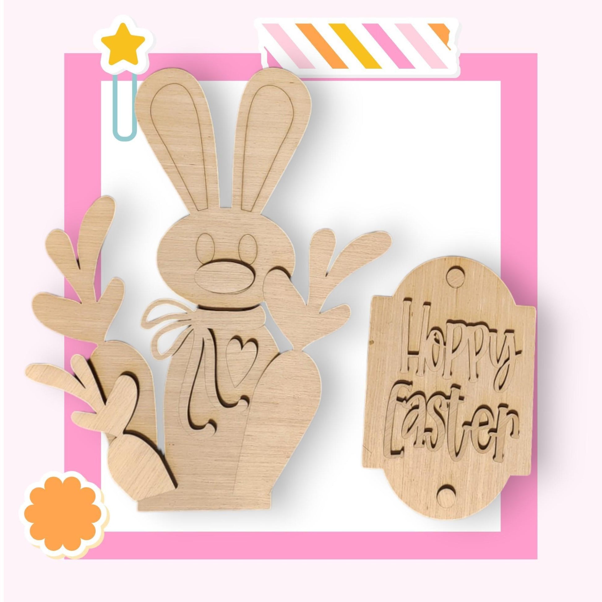 a wooden cutout of a happy easter bunny