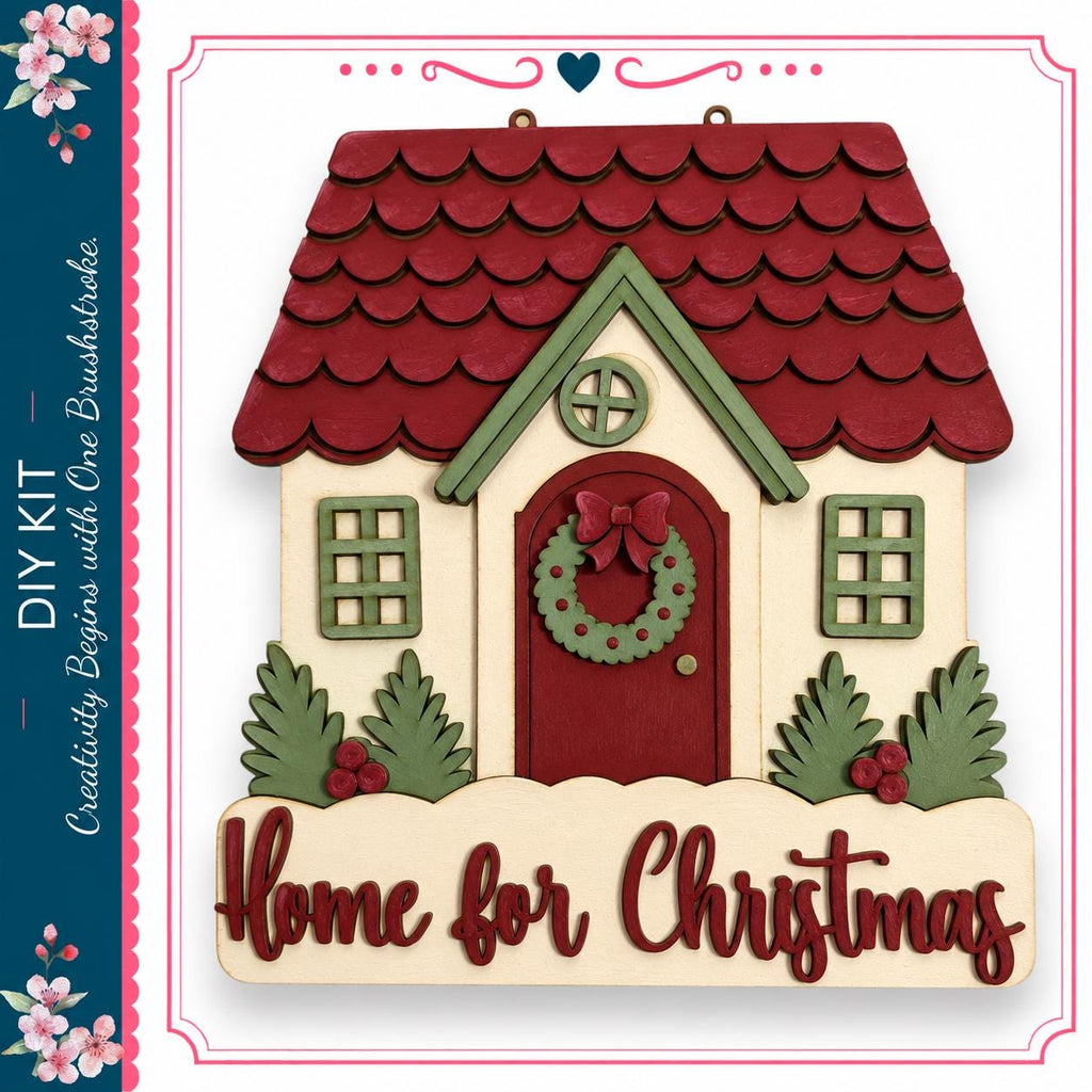 a wooden house with a wreath on the front door, surrounded by holiday decorations such as pine trees and berries. The text "Home for Christmas" is displayed below the house.