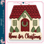 a wooden house with a wreath on the front door, surrounded by holiday decorations such as pine trees and berries. The text "Home for Christmas" is displayed below the house.