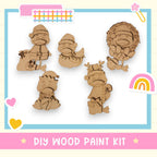 a group of wooden cut outs of cartoon characters