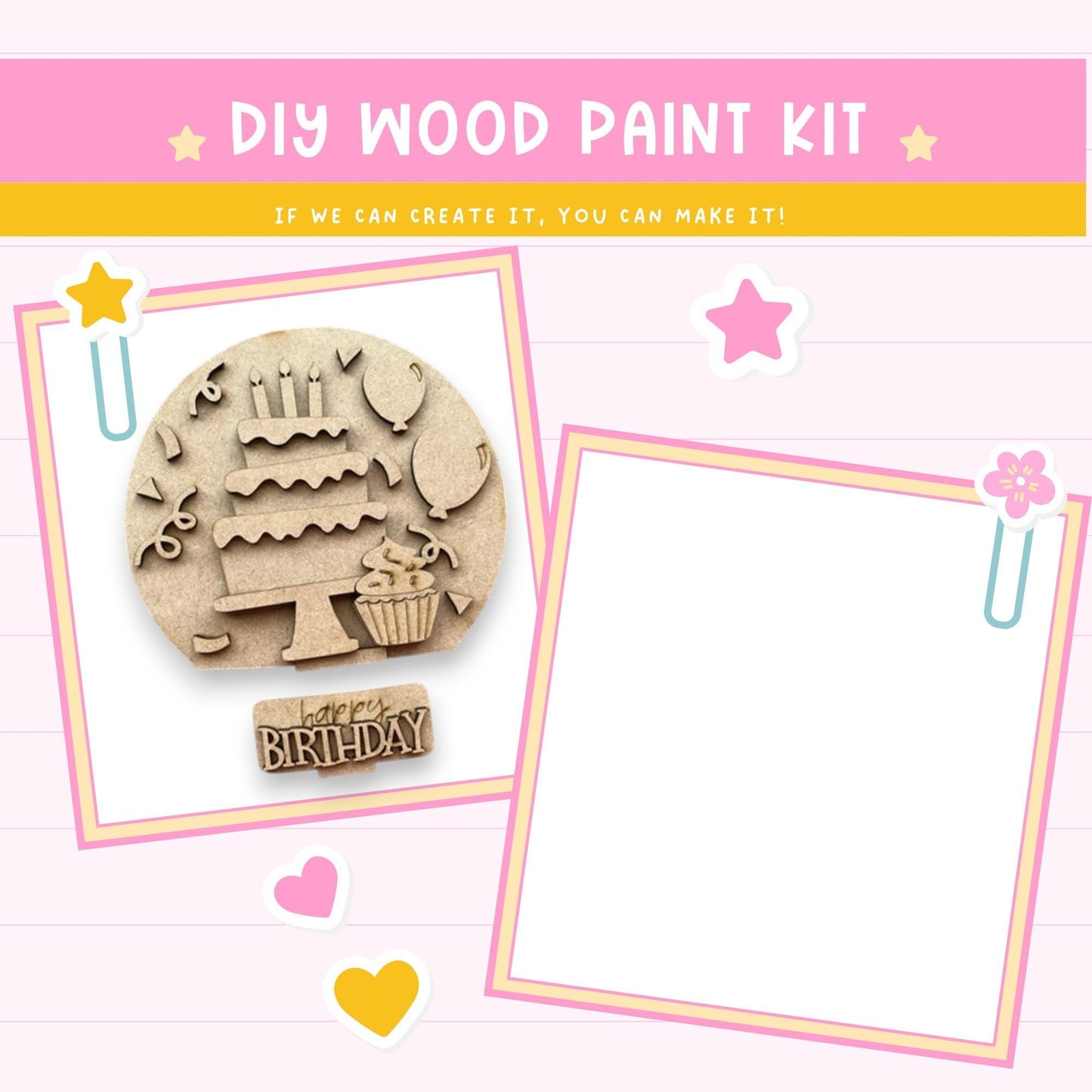 a wooden craft kit with a birthday cake and cupcake