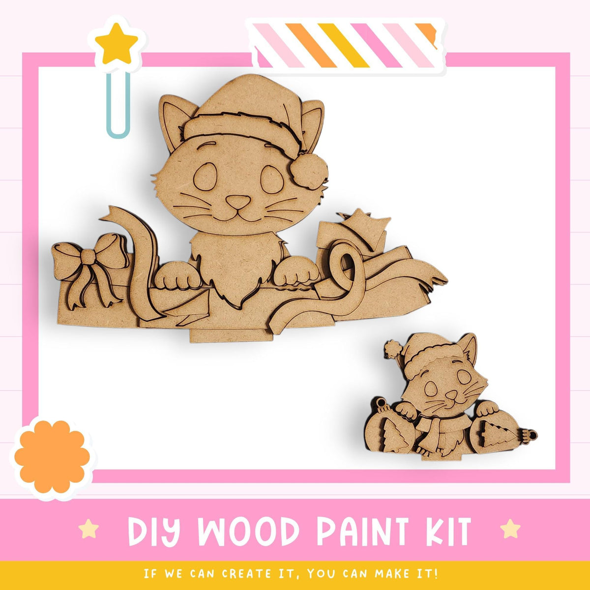 a DIY wood paint kit for creating wooden toys, including a cat and a mouse. The kit appears to be made of wood and is designed for children to engage in a creative and fun activity.