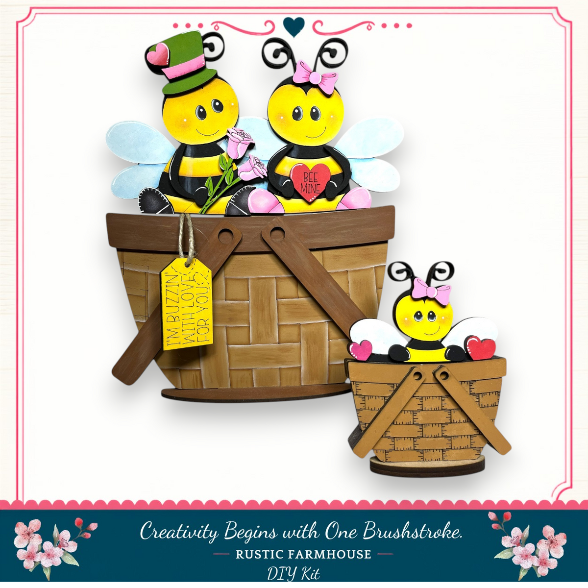 A DIY kit for creating a rustic farmhouse-style decoration with a wooden basket and three bee figurines. The kit includes a label that reads "Creativity Begins with One Brushstroke" and a description that says "RUSTIC FARMHOUSE DIY KIT".