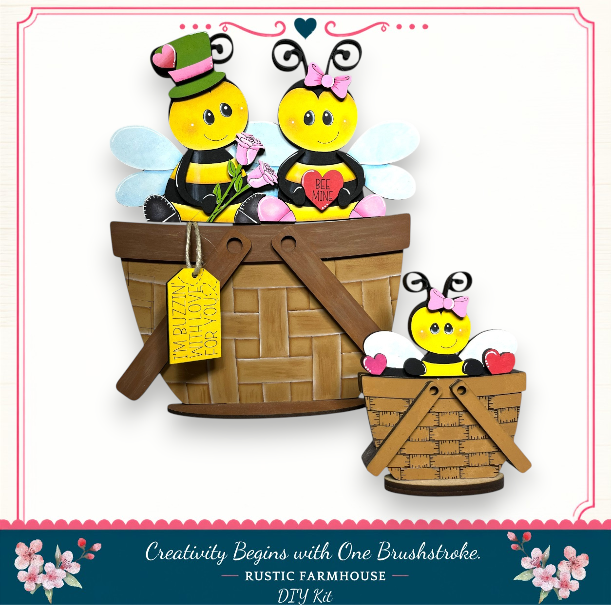 A DIY kit for creating a rustic farmhouse-style decoration with a wooden basket and three bee figurines. The kit includes a label that reads "Creativity Begins with One Brushstroke" and a description that says "RUSTIC FARMHOUSE DIY KIT".