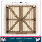 a rustic wooden barn door with a heart-shaped decoration above it, set against a white wooden background.