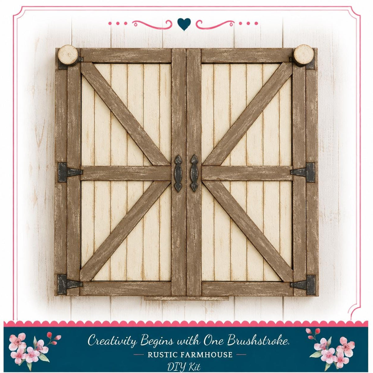 a rustic wooden barn door with a heart-shaped decoration above it, set against a white wooden background.