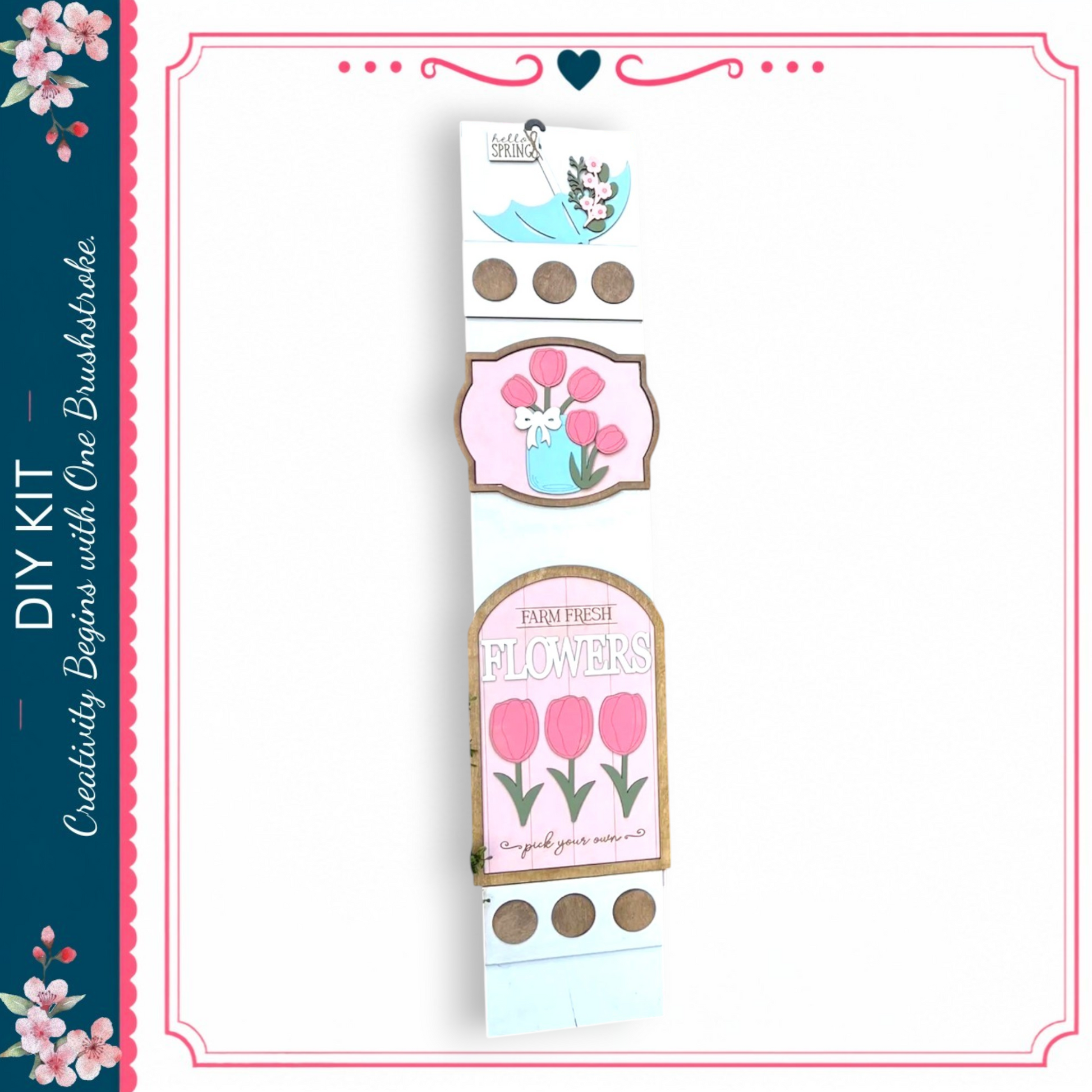 The image is a vertical collage of various floral designs, including a bouquet of pink flowers, a vase of pink flowers, and a bouquet of pink flowers. The collage is framed by a decorative border with pink and blue elements.